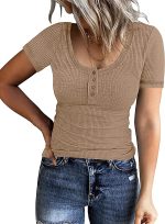 PIIRESO Women's Short Sleeve Button Scoop Neck Ribbed Shirts Summer Casual Solid Color Henley Top